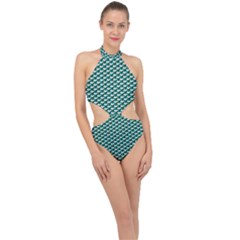 Pattern Green Blue Grey Hues Halter Side Cut Swimsuit by Pakrebo