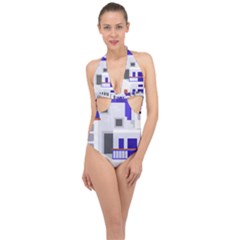 Background Santorini Greece Halter Front Plunge Swimsuit by Pakrebo