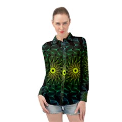 Abstract Ribbon Green Blue Hues Long Sleeve Chiffon Shirt