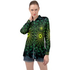 Abstract Ribbon Green Blue Hues Long Sleeve Satin Shirt