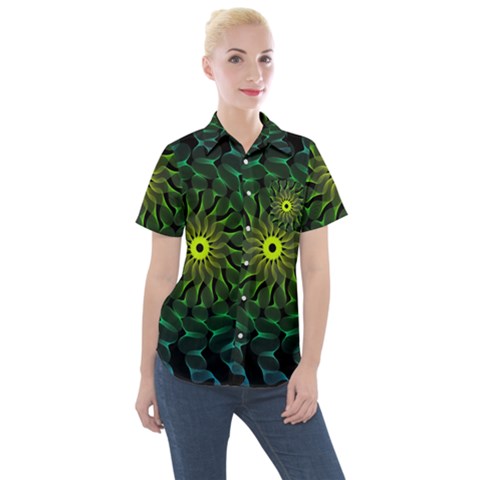 Abstract Ribbon Green Blue Hues Women s Short Sleeve Pocket Shirt by Pakrebo