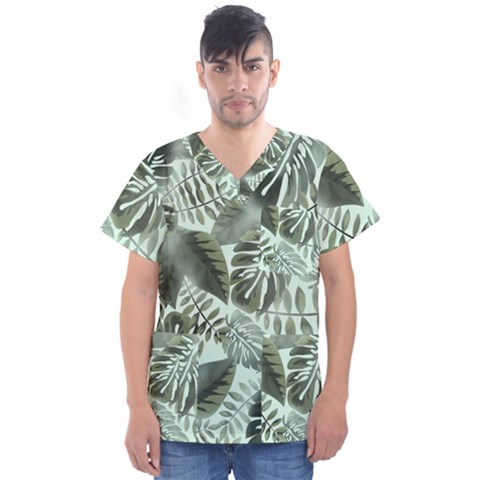 Medellin Leaves Tropical Jungle Men s V-neck Scrub Top by Pakrebo