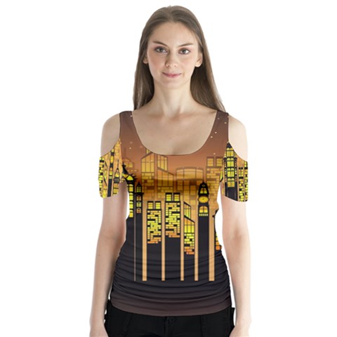 Buildings Skyscrapers City Butterfly Sleeve Cutout Tee  by Pakrebo