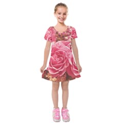 Roses Noble Roses Romantic Pink Kids  Short Sleeve Velvet Dress by Pakrebo