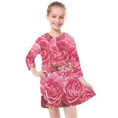 Roses Noble Roses Romantic Pink Kids  Quarter Sleeve Shirt Dress by Pakrebo