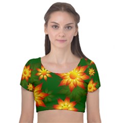 Flower Pattern Floral Non Seamless Velvet Short Sleeve Crop Top  by Pakrebo