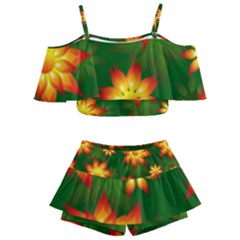 Flower Pattern Floral Non Seamless Kids  Off Shoulder Skirt Bikini by Pakrebo