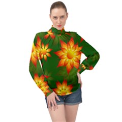 Flower Pattern Floral Non Seamless High Neck Long Sleeve Chiffon Top