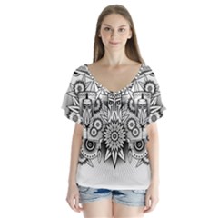 Forest Patrol Tribal Abstract V-neck Flutter Sleeve Top by Pakrebo