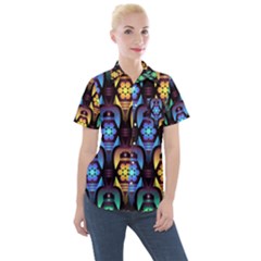 Pattern Background Bright Blue Women s Short Sleeve Pocket Shirt