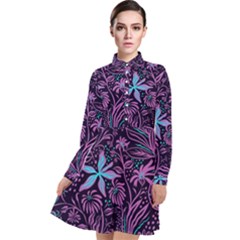 Stamping Pattern Leaves Drawing Long Sleeve Chiffon Shirt Dress