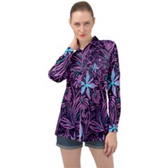 Stamping Pattern Leaves Drawing Long Sleeve Satin Shirt