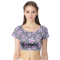 Seamless Pattern Flowers Pink Short Sleeve Crop Top by Pakrebo