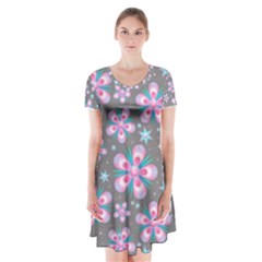 Seamless Pattern Flowers Pink Short Sleeve V-neck Flare Dress by Pakrebo