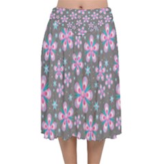 Seamless Pattern Flowers Pink Velvet Flared Midi Skirt