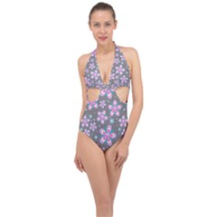 Seamless Pattern Flowers Pink Halter Front Plunge Swimsuit by Pakrebo