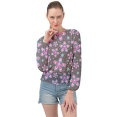 Seamless Pattern Flowers Pink Banded Bottom Chiffon Top