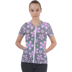 Seamless Pattern Flowers Pink Short Sleeve Zip Up Jacket