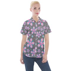 Seamless Pattern Flowers Pink Women s Short Sleeve Pocket Shirt