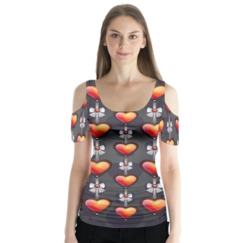 Love Heart Background Butterfly Sleeve Cutout Tee  by Pakrebo