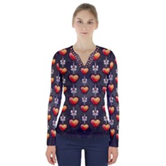 Love Heart Background V-neck Long Sleeve Top by Pakrebo