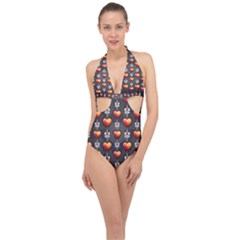 Love Heart Background Halter Front Plunge Swimsuit by Pakrebo