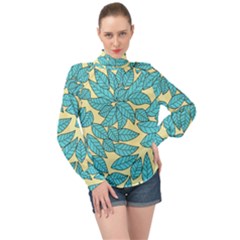 Leaves Dried Leaves Stamping High Neck Long Sleeve Chiffon Top