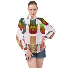 Evil Eye Protection Charm Colorful High Neck Long Sleeve Chiffon Top by Pakrebo