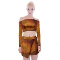 Orange Warm Hues Fractal Chaos Off Shoulder Top With Mini Skirt Set by Pakrebo