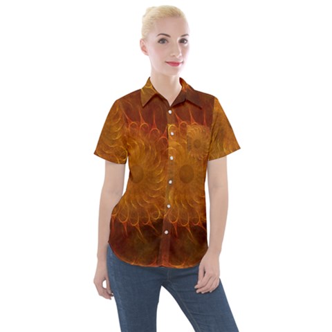 Orange Warm Hues Fractal Chaos Women s Short Sleeve Pocket Shirt by Pakrebo