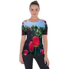 Skyward Tulips Shoulder Cut Out Short Sleeve Top by okhismakingart