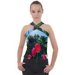 Skyward Tulips Cross Neck Velour Top by okhismakingart