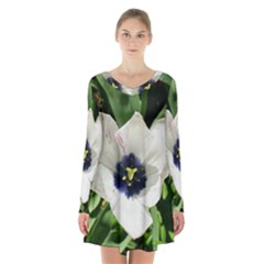 Blue Centered Tulip Long Sleeve Velvet V-neck Dress