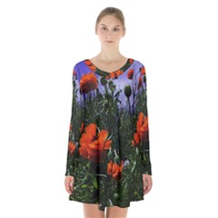 Poppy Field Long Sleeve Velvet V-neck Dress