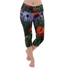 Poppy Field Lightweight Velour Capri Yoga Leggings by okhismakingart