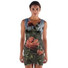 Faded Poppy Field  Wrap Front Bodycon Dress by okhismakingart