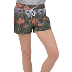 Faded Poppy Field  Women s Velour Lounge Shorts by okhismakingart