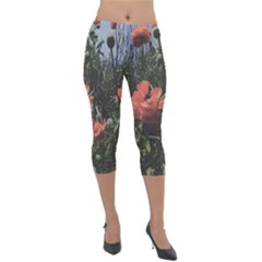 Faded Poppy Field  Lightweight Velour Capri Leggings  by okhismakingart