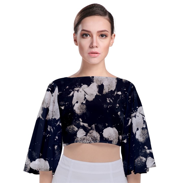 High Contrast Black and White Snowballs II Tie Back Butterfly Sleeve Chiffon Top