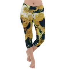 Yellow Snowballs Lightweight Velour Capri Yoga Leggings by okhismakingart