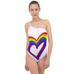 Rainbow Heart Colorful Lgbt Rainbow Flag Colors Gay Pride Support Classic One Shoulder Swimsuit by yoursparklingshop