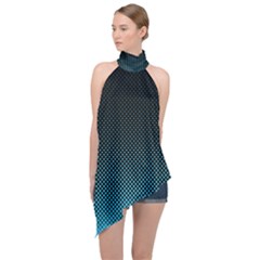 Sharp - Turquoise Halftone Halter Asymmetric Satin Top by WensdaiAmbrose