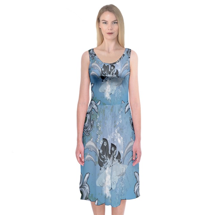 Surfboard With Dolphin Midi Sleeveless Dress