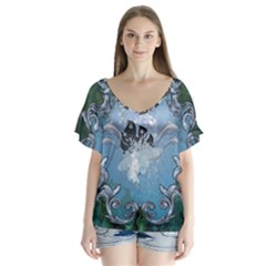 Surfboard With Dolphin V-neck Flutter Sleeve Top by FantasyWorld7