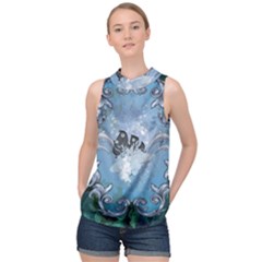 Surfboard With Dolphin High Neck Satin Top by FantasyWorld7