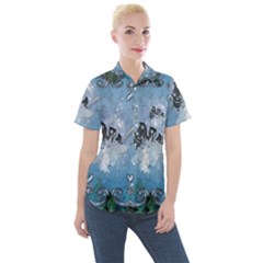 Surfboard With Dolphin Women s Short Sleeve Pocket Shirt