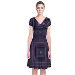 Fractal Square Modern Purple Short Sleeve Front Wrap Dress by Pakrebo