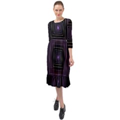 Fractal Square Modern Purple Ruffle End Midi Chiffon Dress by Pakrebo