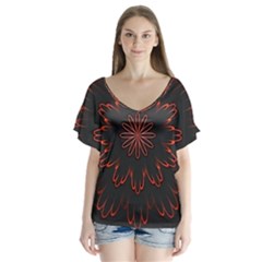 Fractal Glowing Abstract Digital V-neck Flutter Sleeve Top by Pakrebo