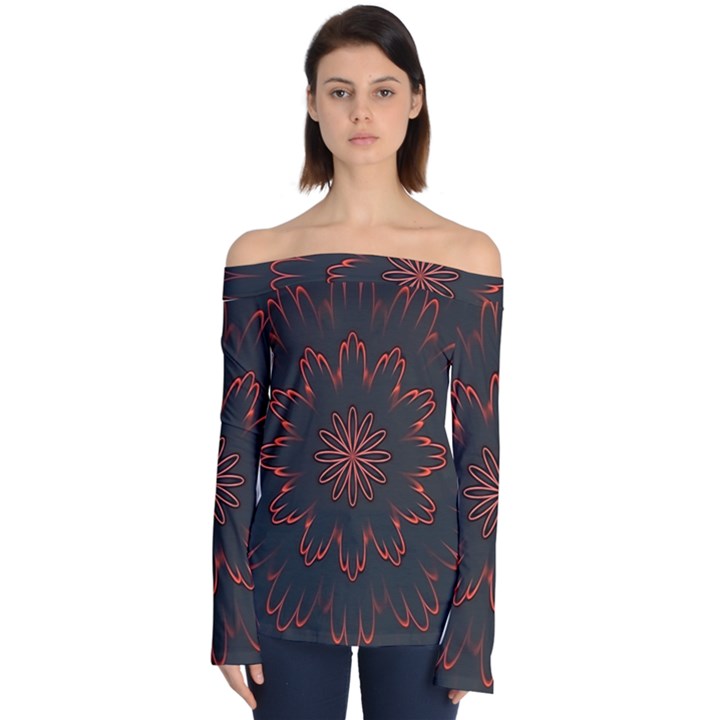 Fractal Glowing Abstract Digital Off Shoulder Long Sleeve Top